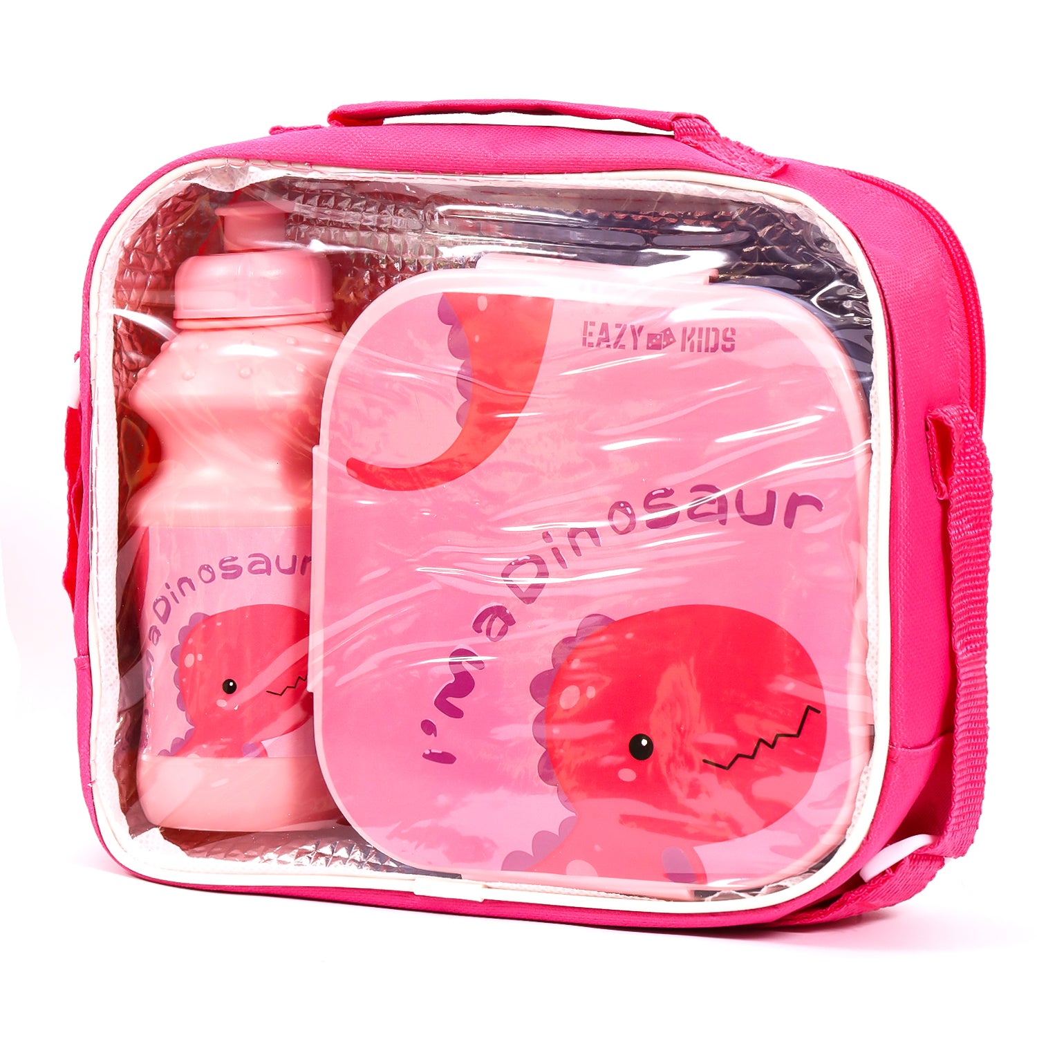 EAZY KIDS Lunch Box and Water Bottle With Bag - Dino Pink