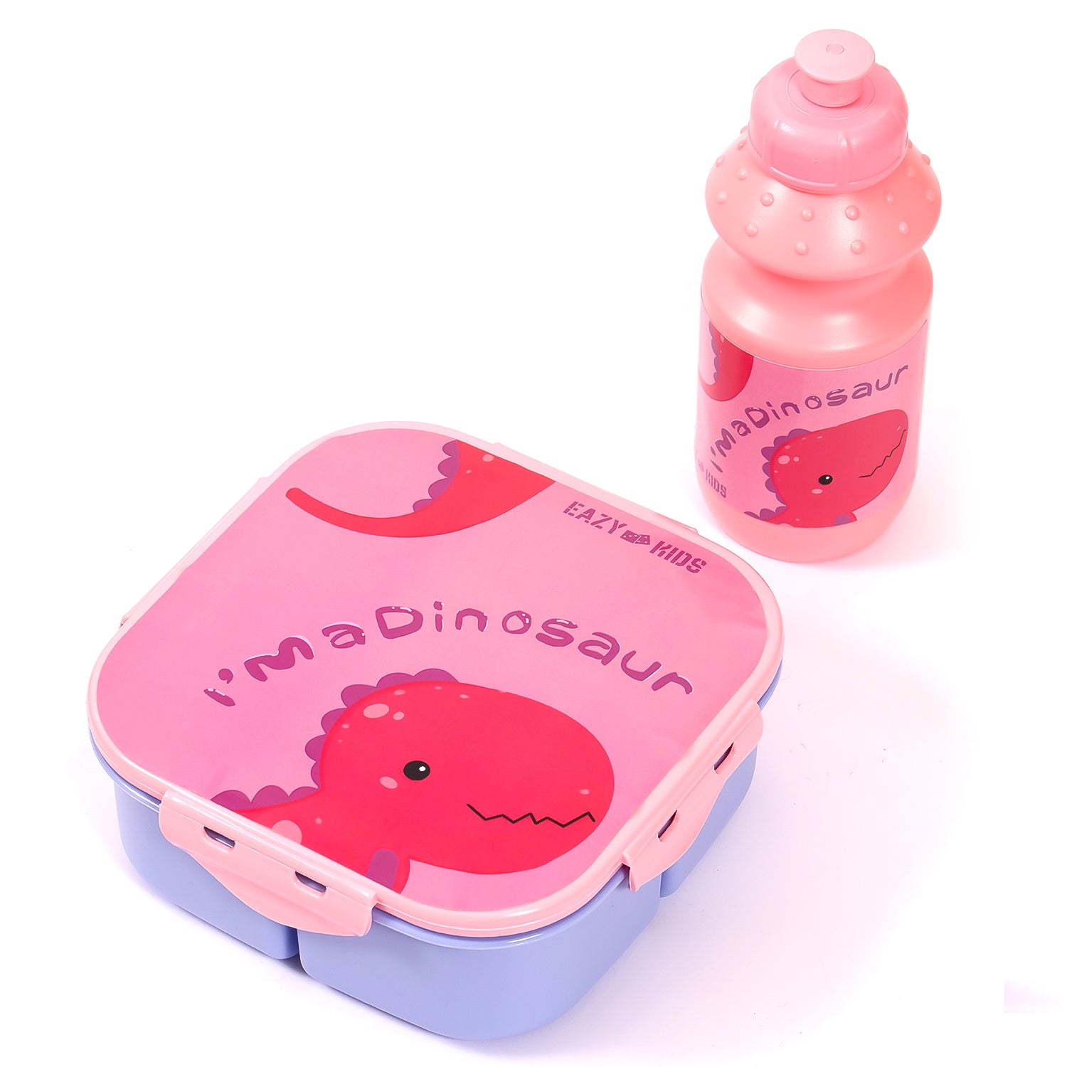 EAZY KIDS Lunch Box and Water Bottle With Bag - Dino Pink