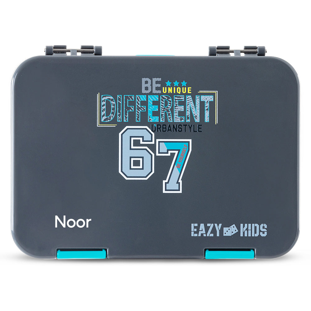 Eazy Kids Personalized 4 Compartment Bento Lunch Box ‚Äì Leakproof BPA Free Food Container for Kids, Urban Grey