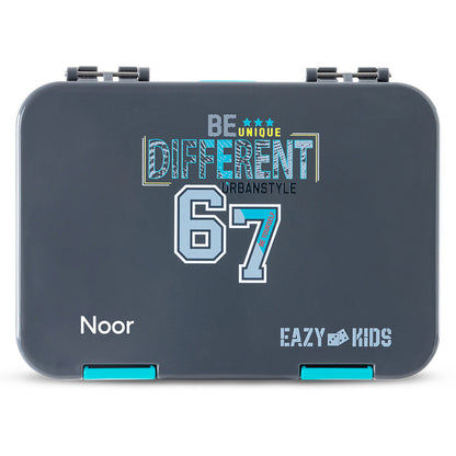 Eazy Kids Personalized 4 Compartment Bento Lunch Box ‚Äì Leakproof BPA Free Food Container for Kids, Urban Grey