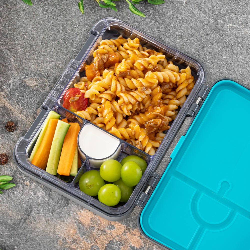 Eazy Kids Personalized 4 Compartment Bento Lunch Box ‚Äì Leakproof BPA Free Food Container for Kids, Urban Grey
