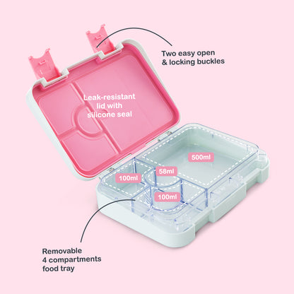 Eazy Kids 4 Compartment Bento Lunch Box – Leakproof BPA Free Food Container for Kids, Bicycle Mint