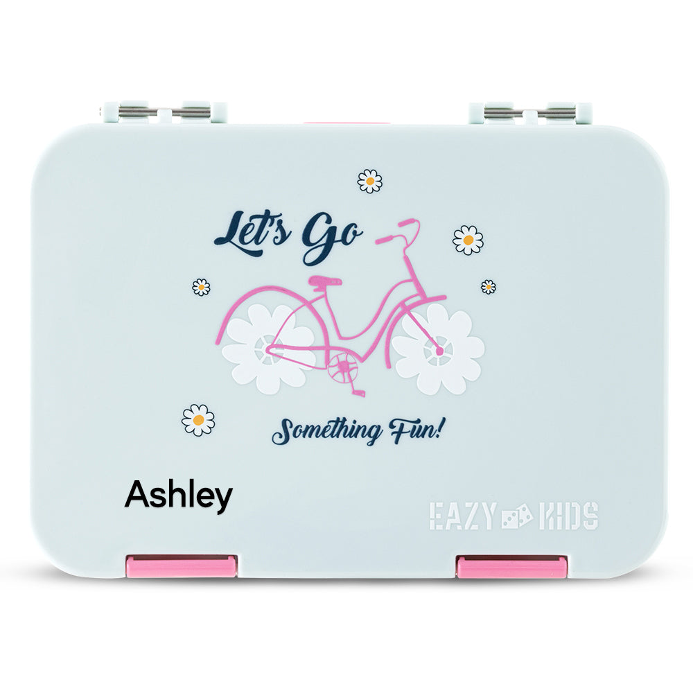 Eazy Kids Personalized 4 Compartment Bento Lunch Box ‚Äì Leakproof BPA Free Food Container for Kids, Bicycle Mint