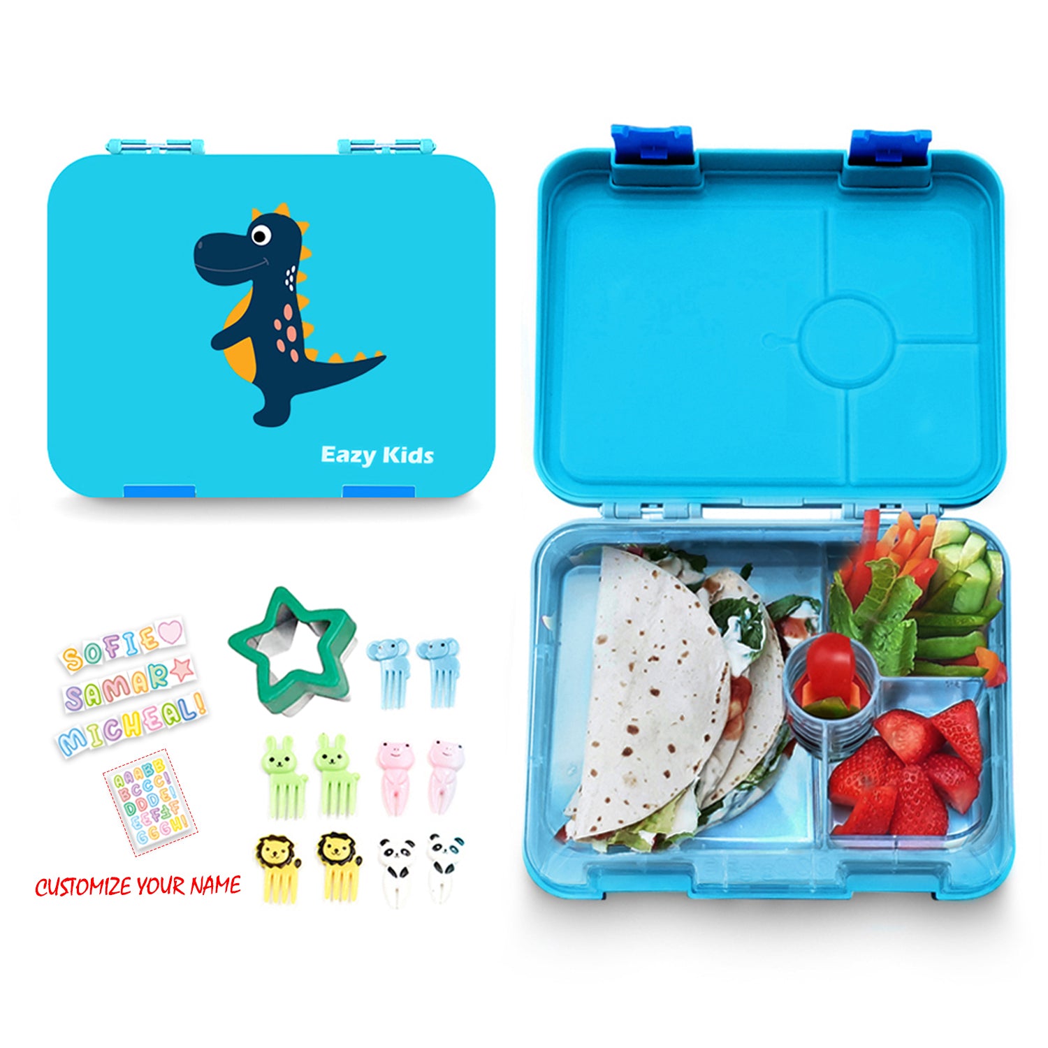 EAZY KIDS 4 Compartment Bento Lunch Box - Dino Blue