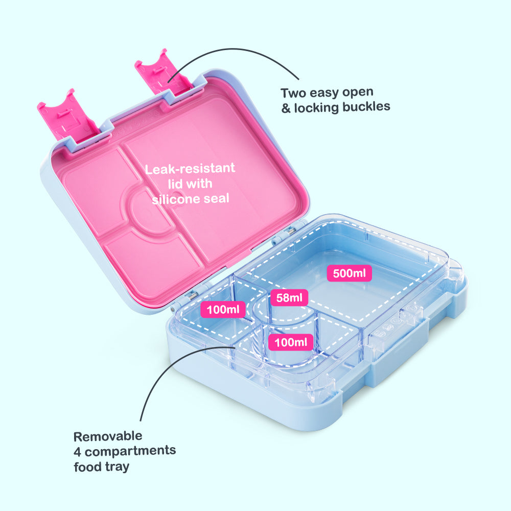 Eazy Kids 4 Compartment Bento Lunch Box – Leakproof BPA Free Food Container for Kids,  Flamingo Aqua
