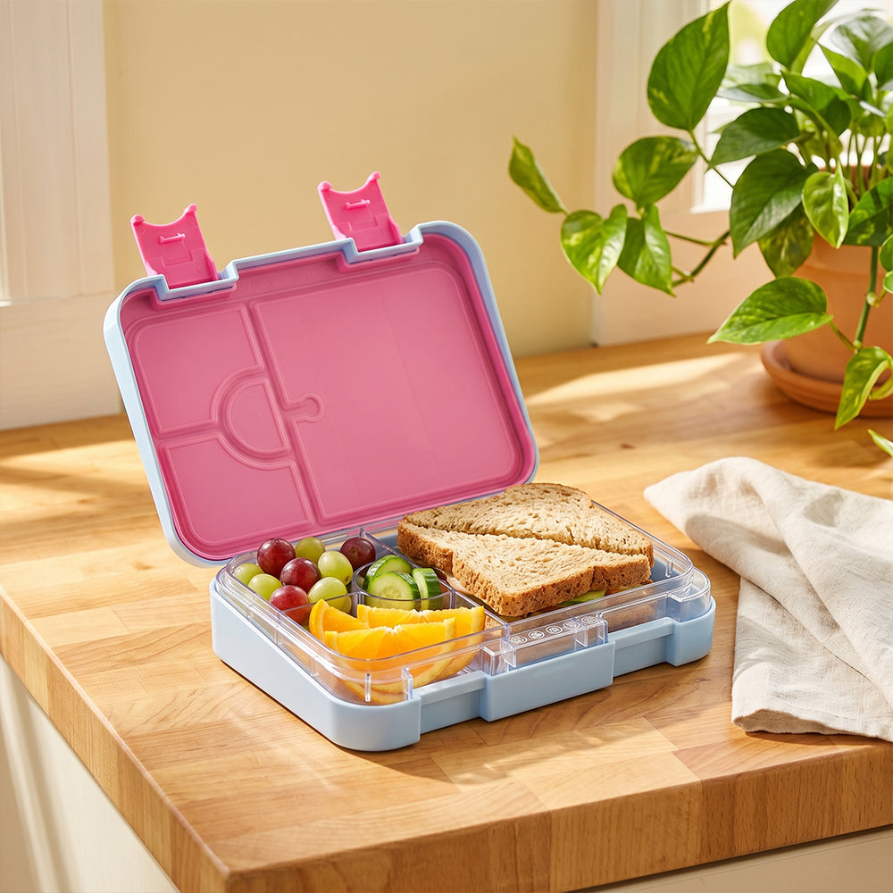 Eazy Kids Personalized 4 Compartment Bento Lunch Box ‚Äì Leakproof BPA Free Food Container for Kids,  Flamingo Aqua