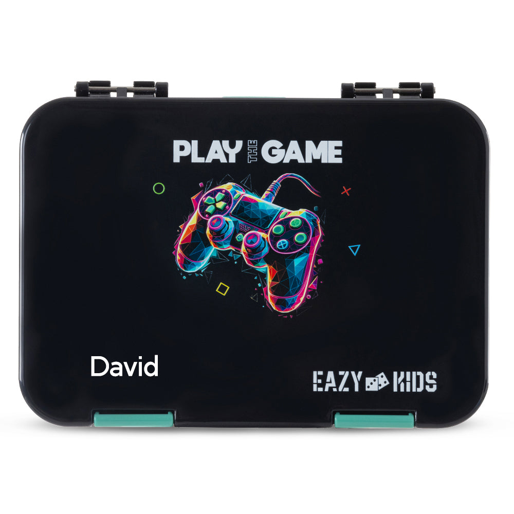 Eazy Kids Personalized 4 Compartment Bento Lunch Box ‚Äì Leakproof BPA Free Food Container for Kids,Gamer Black