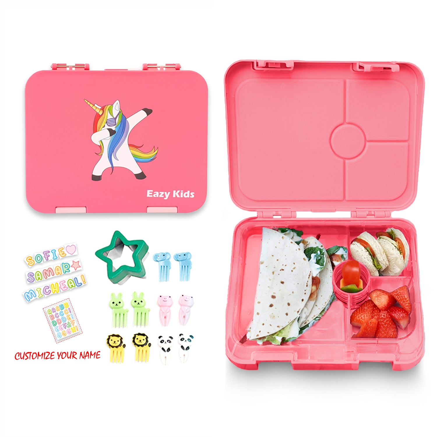 EAZY KIDS 4 Compartment Bento Lunch Box - Unicorn Pink