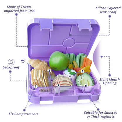 EAZY KIDS 6 Compartment Bento Lunch Box - Unicorn Purple