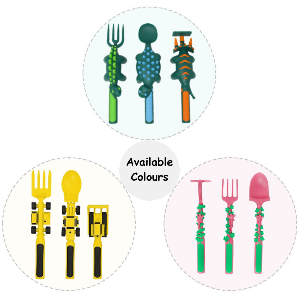 Eazy Kids Spoon, Fork & Pusher - Dark Green, Dinosaur, 3Pcs