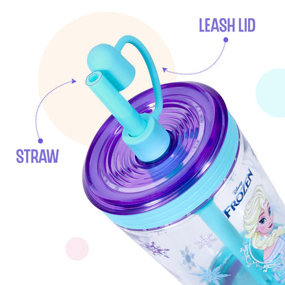 Disney Frozen Princess Elsa Tritan Sipper Tumbler Water Bottle W/Straw and Leash Lid - Blue(480ml)