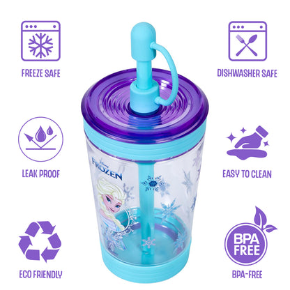 Disney Frozen Princess Elsa Tritan Sipper Tumbler Water Bottle W/Straw and Leash Lid - Blue(480ml)