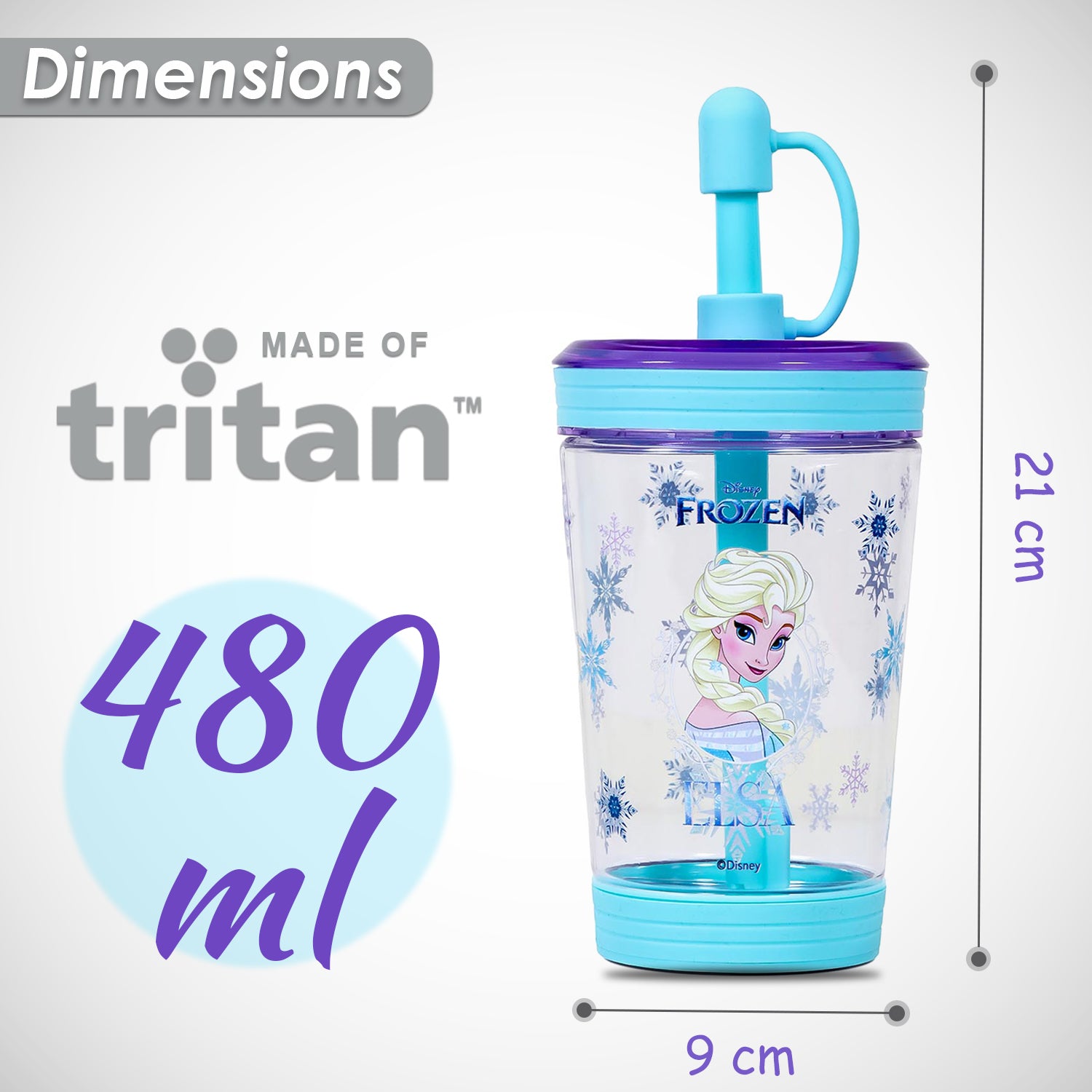Disney Frozen Princess Elsa Tritan Sipper Tumbler Water Bottle W/Straw and Leash Lid - Blue(480ml)