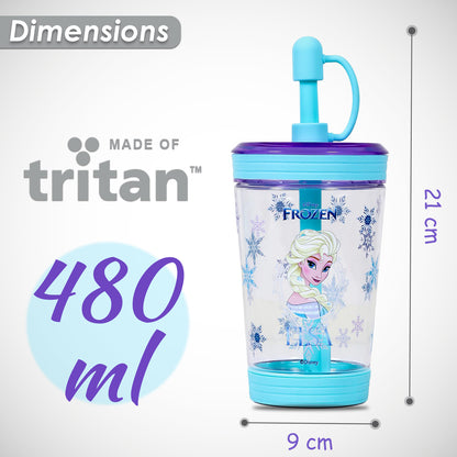 Disney Frozen Princess Elsa Tritan Sipper Tumbler Water Bottle W/Straw and Leash Lid - Blue(480ml)