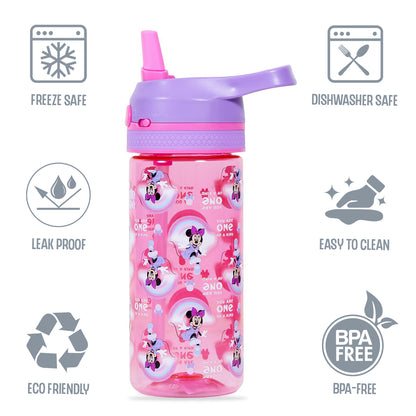 Disney Minnie Mouse Tritan Water Bottle w/Lockable Push button and Carry Handle - Purple Pink (420ml)