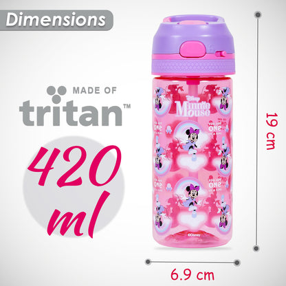 Disney Minnie Mouse Tritan Water Bottle w/Lockable Push button and Carry Handle - Purple Pink (420ml)