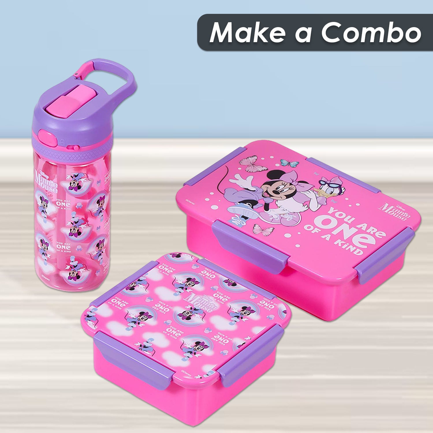 Disney Minnie Mouse Tritan Water Bottle w/Lockable Push button and Carry Handle - Purple Pink (420ml)