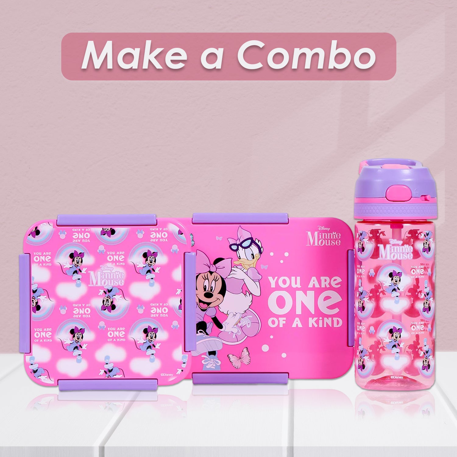 Disney Minnie Mouse Tritan Water Bottle w/Lockable Push button and Carry Handle - Purple Pink (420ml)