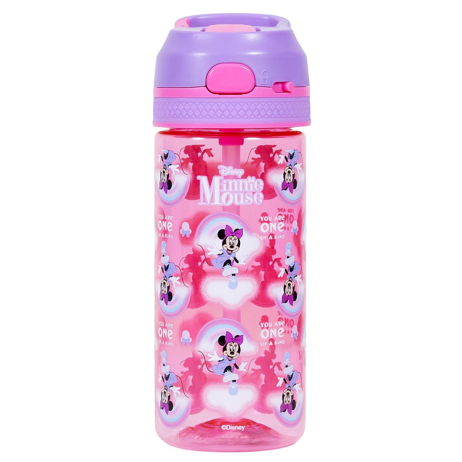 Disney Minnie Mouse Tritan Water Bottle w/Lockable Push button and Carry Handle - Purple Pink (420ml)