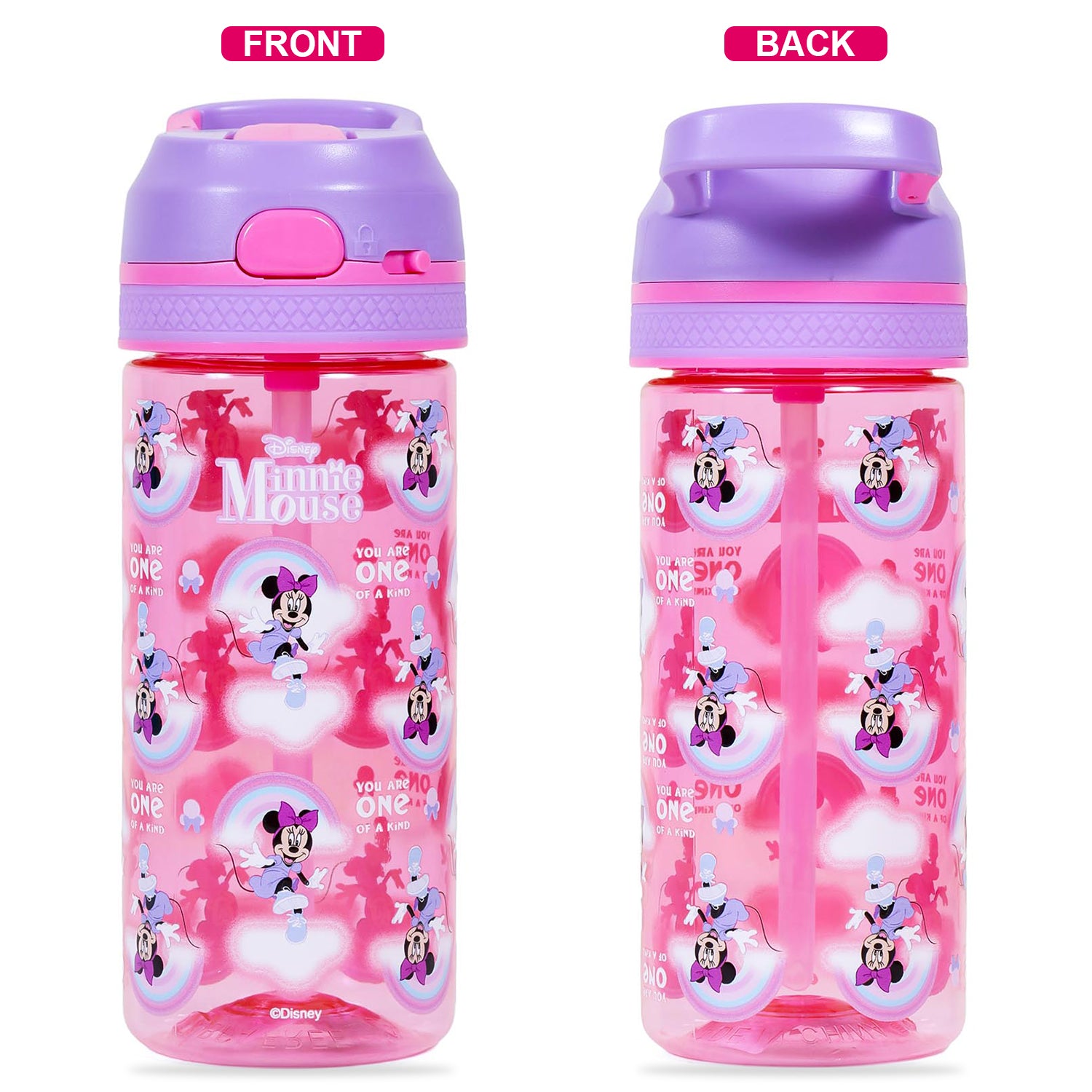 Disney Minnie Mouse Tritan Water Bottle w/Lockable Push button and Carry Handle - Purple Pink (420ml)