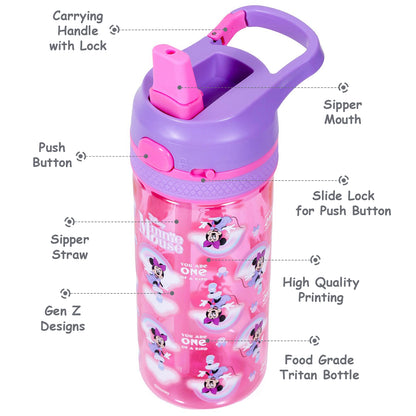 Disney Minnie Mouse Tritan Water Bottle w/Lockable Push button and Carry Handle - Purple Pink (420ml)