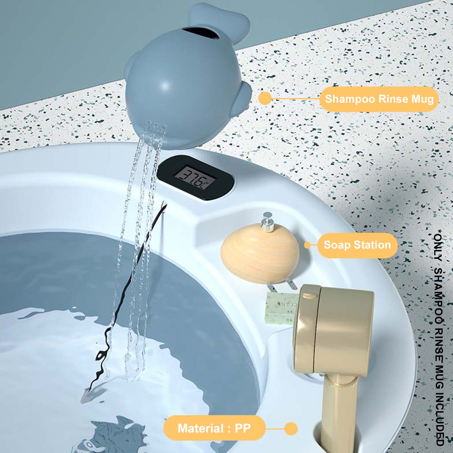 EAZY KIDS Temperature Controlled Foldable Bathtub w/Intelligent Temperature Monitoring Thermometer and Baby Head Shampoo Wash Rinse Mug - Blue