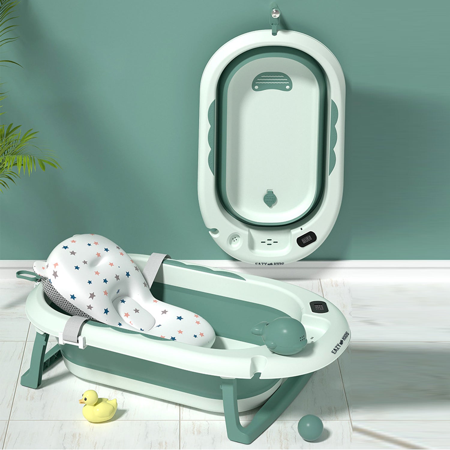EAZY KIDS Temperature Controlled Foldable Bathtub w/Intelligent Temperature Monitoring Thermometer and Baby Head Shampoo Wash Rinse Mug - Green