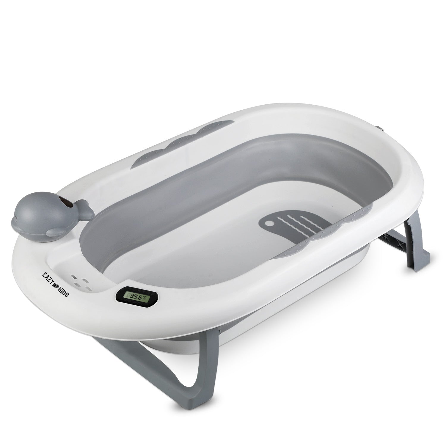 EAZY KIDS Temperature Controlled Foldable Bathtub w/Intelligent Temperature Monitoring Thermometer and Baby Head Shampoo Wash Rinse Mug - Grey