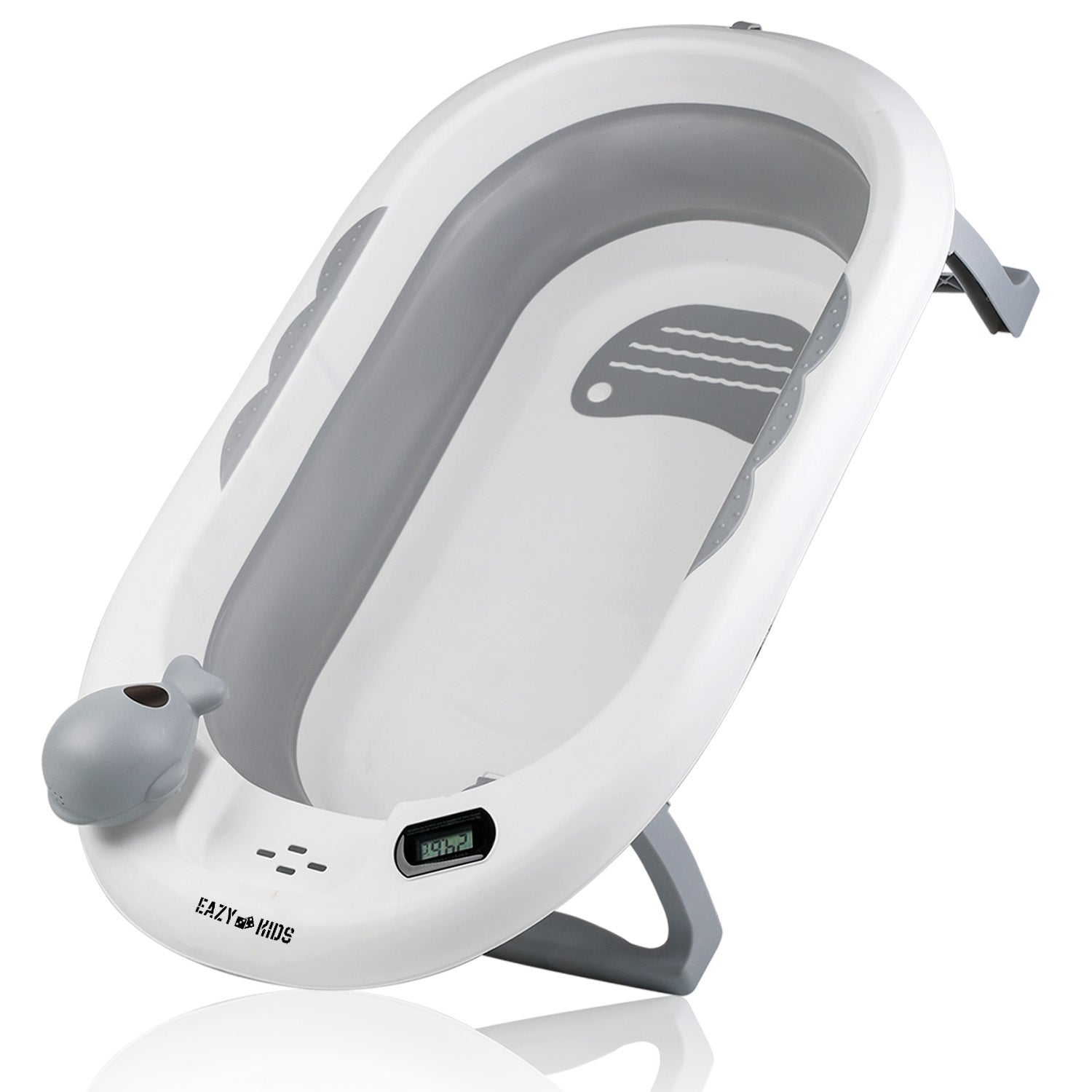 EAZY KIDS Temperature Controlled Foldable Bathtub w/Intelligent Temperature Monitoring Thermometer and Baby Head Shampoo Wash Rinse Mug - Grey
