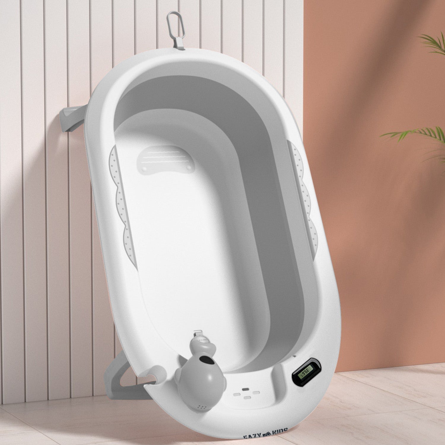 EAZY KIDS Temperature Controlled Foldable Bathtub w/Intelligent Temperature Monitoring Thermometer and Baby Head Shampoo Wash Rinse Mug - Grey