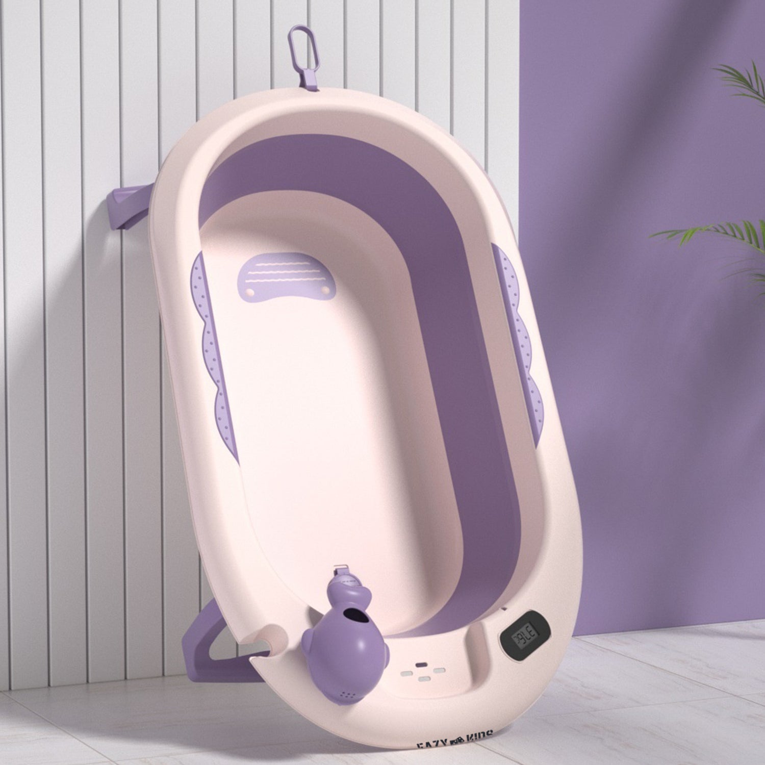 EAZY KIDS Temperature Controlled Foldable Bathtub w/Intelligent Temperature Monitoring Thermometer and Baby Head Shampoo Wash Rinse Mug - Purple