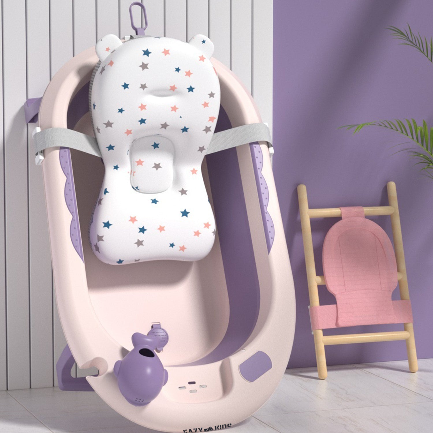 EAZY KIDS Temperature Controlled Foldable Bathtub w/Intelligent Temperature Monitoring Thermometer and Baby Head Shampoo Wash Rinse Mug - Purple