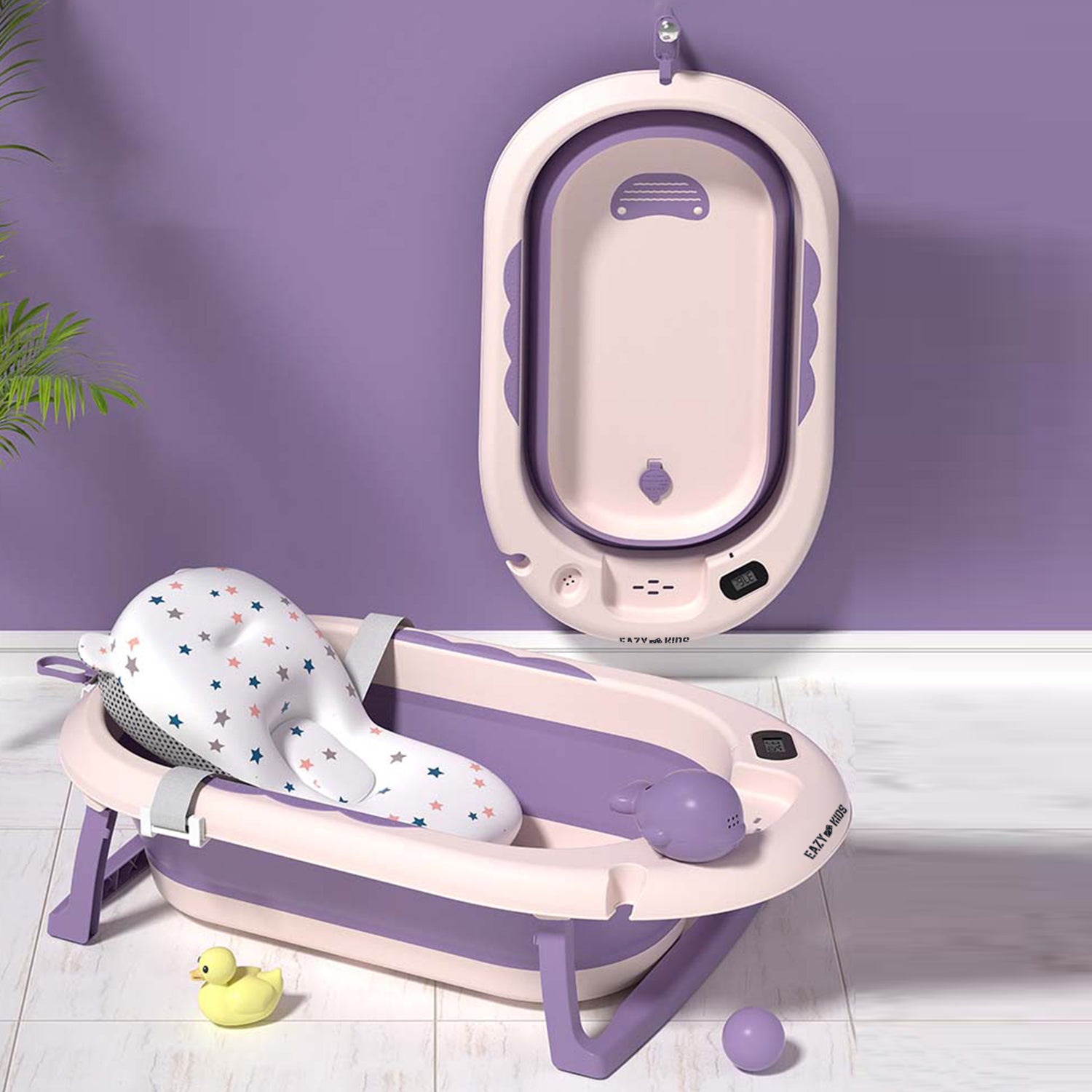 EAZY KIDS Temperature Controlled Foldable Bathtub w/Intelligent Temperature Monitoring Thermometer and Baby Head Shampoo Wash Rinse Mug - Purple