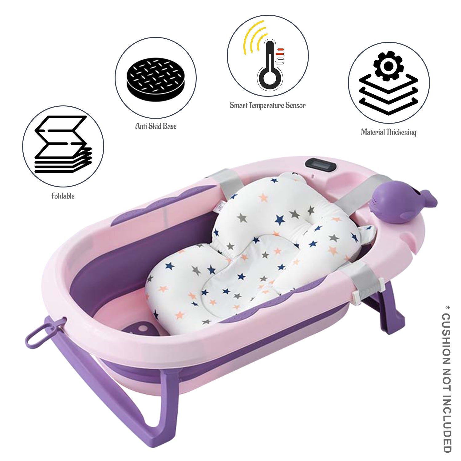 EAZY KIDS Temperature Controlled Foldable Bathtub w/Intelligent Temperature Monitoring Thermometer and Baby Head Shampoo Wash Rinse Mug - Purple