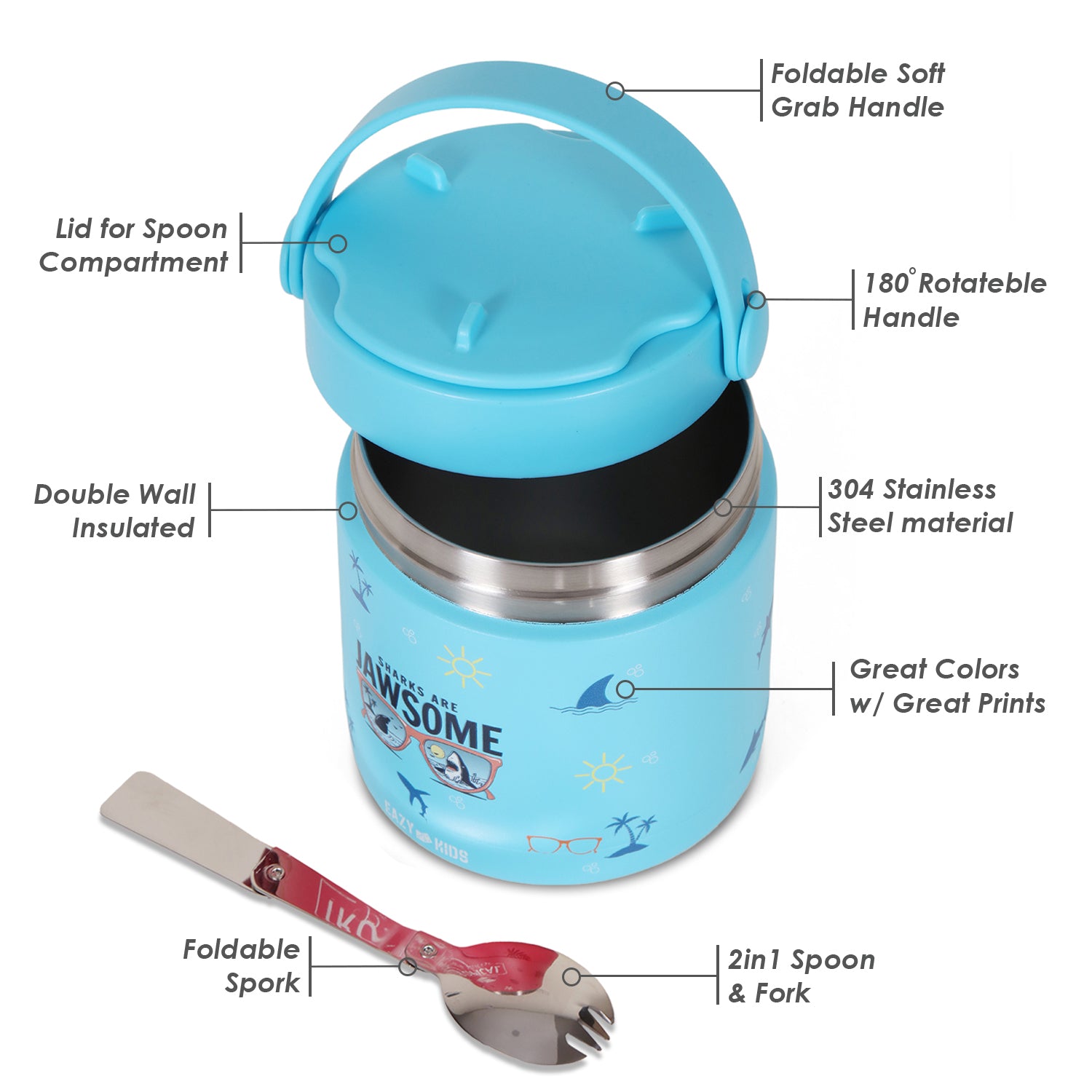 Eazy Kids Jawsome Shark Stainless Steel Insulated Food Jar - Blue(350ml)