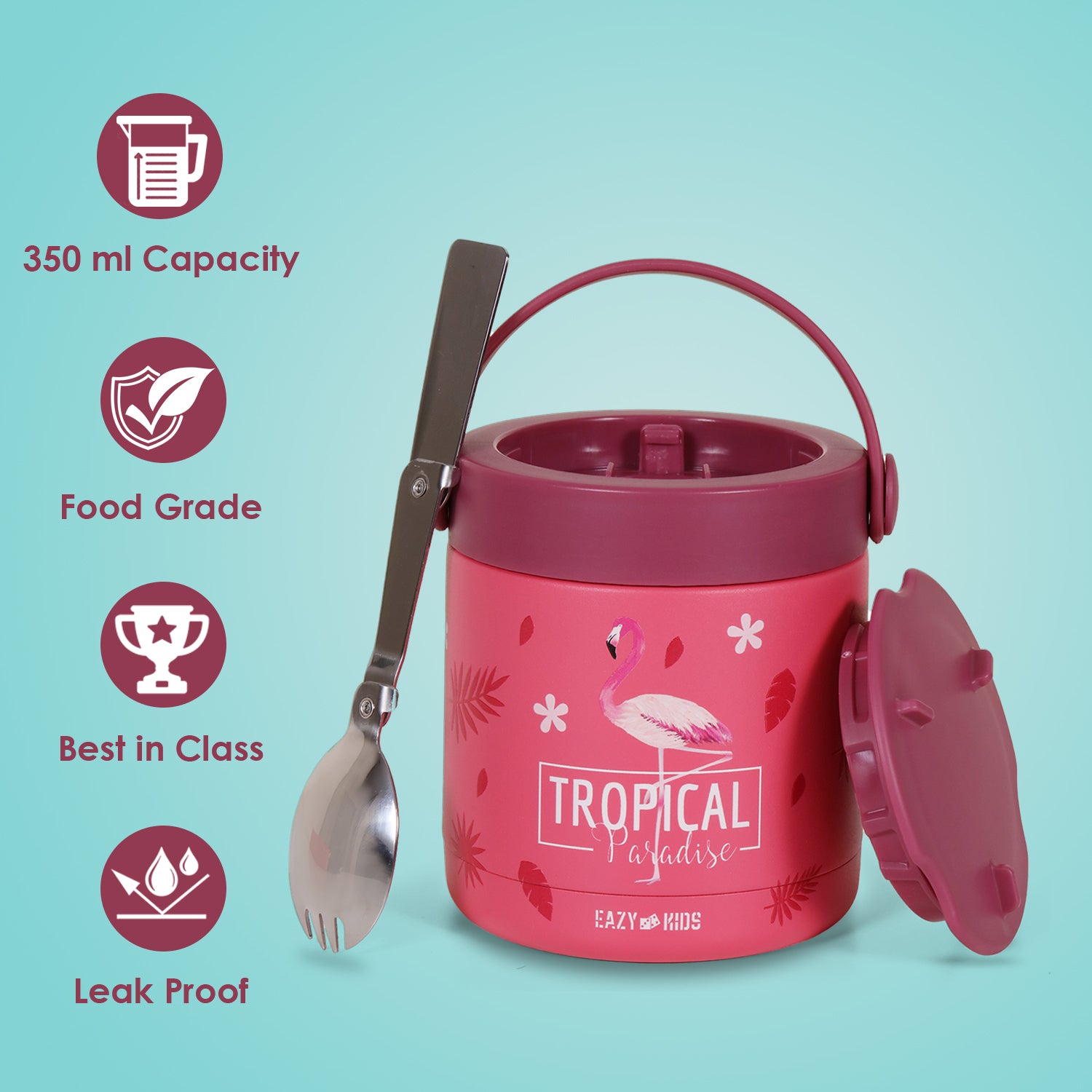 Eazy Kids Tropical Stainless Steel Insulated Food Jar - Pink (350ml)