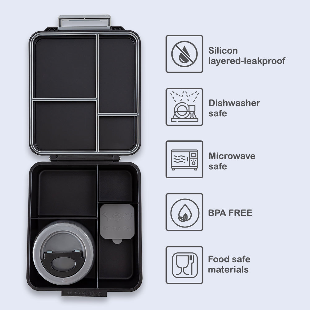 Eazy Kids Jumbo Bento Lunch Box w/Thermos & Dip Jar- Midnight Black