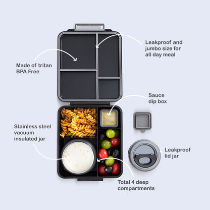 Eazy Kids Jumbo Bento Lunch Box w/Thermos & Dip Jar- Midnight Black