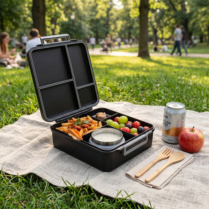 Eazy Kids Personalized Jumbo Bento Lunch Box w/Thermos & Dip Jar- Midnight Black