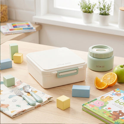 Eazy Kids Personalized Jumbo Bento Lunch Box w/Thermos & Dip Jar- Ivory
