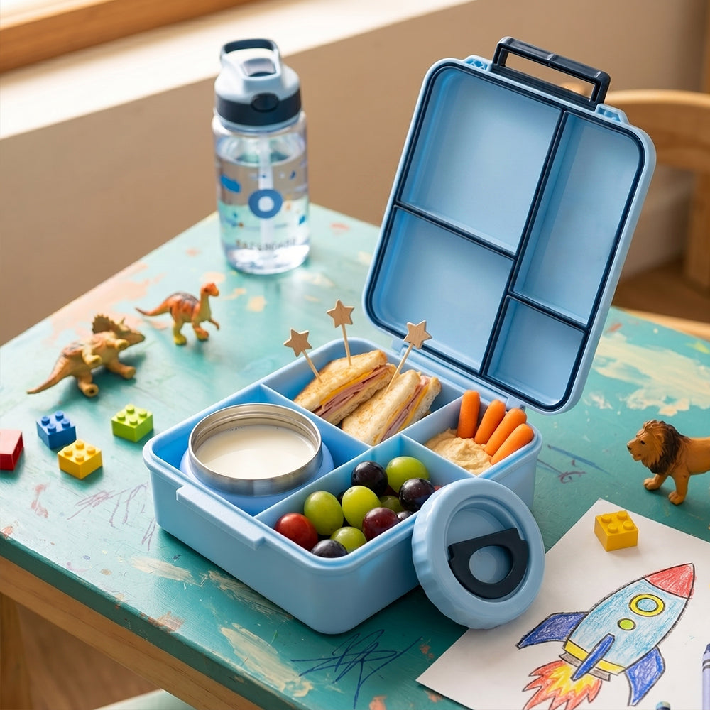 Eazy Kids Jumbo Bento Lunch Box w/Thermos & Dip Jar- Blue
