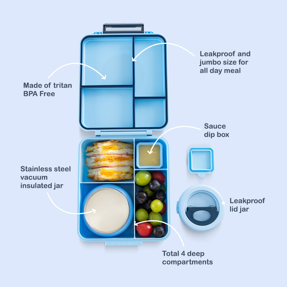 Eazy Kids Jumbo Bento Lunch Box w/Thermos & Dip Jar- Blue