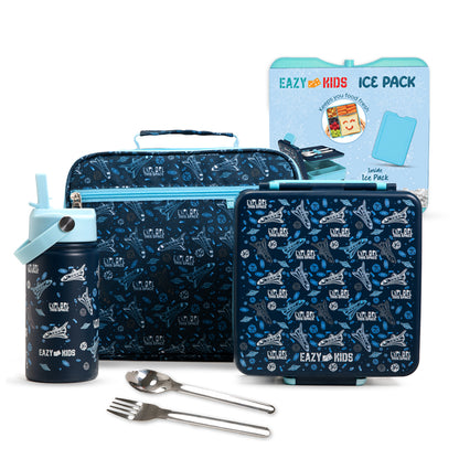 EAZY KIDS Jumbo Bento Lunch Box w/360ml Steel Water Bottle, Spoon & Fork Set, and Insulated Lunch Bag - Aircraft Blue