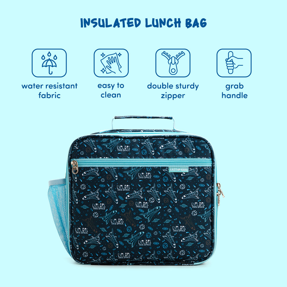 EAZY KIDS Jumbo Bento Lunch Box w/360ml Steel Water Bottle, Spoon & Fork Set, and Insulated Lunch Bag - Aircraft Blue