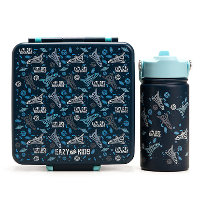EAZY KIDS Jumbo Bento Lunch Box w/360ml Steel Water Bottle, Spoon & Fork Set, and Insulated Lunch Bag - Aircraft Blue