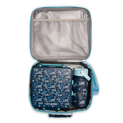 EAZY KIDS Jumbo Bento Lunch Box w/360ml Steel Water Bottle, Spoon & Fork Set, and Insulated Lunch Bag - Aircraft Blue