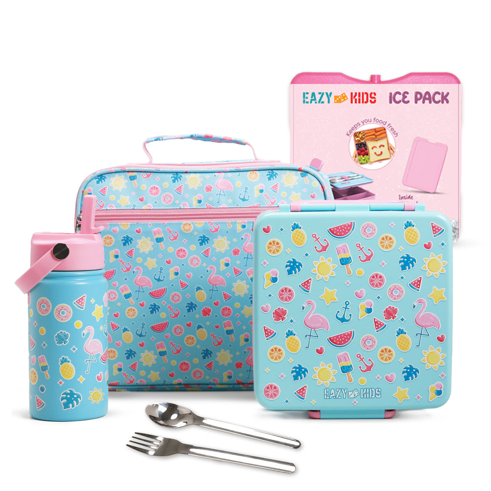 EAZY KIDS Jumbo Bento Lunch Box w/360ml Steel Water Bottle, Spoon & Fork Set, and Insulated Lunch Bag - Flamingo Pink