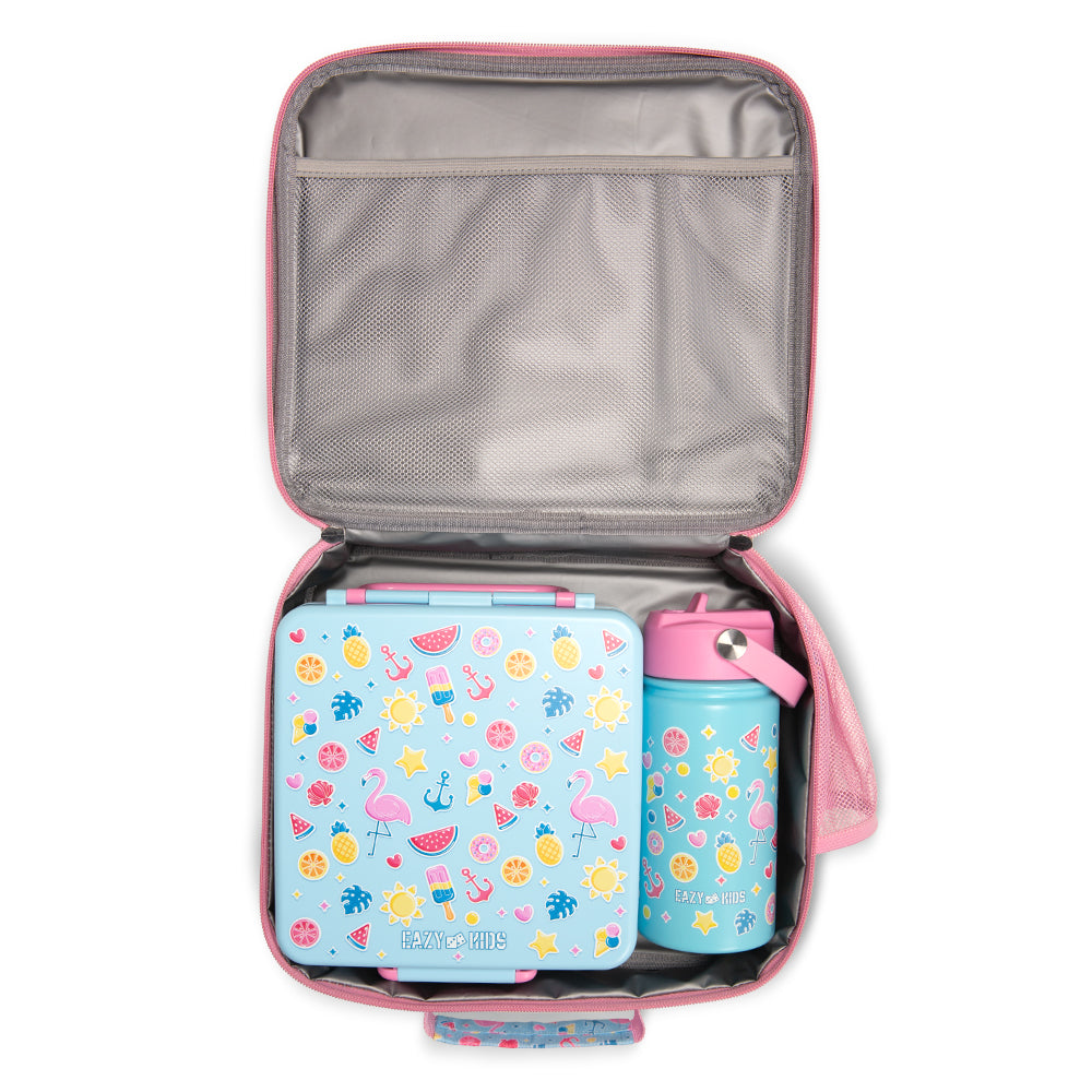 EAZY KIDS Jumbo Bento Lunch Box w/360ml Steel Water Bottle, Spoon & Fork Set, and Insulated Lunch Bag - Flamingo Pink