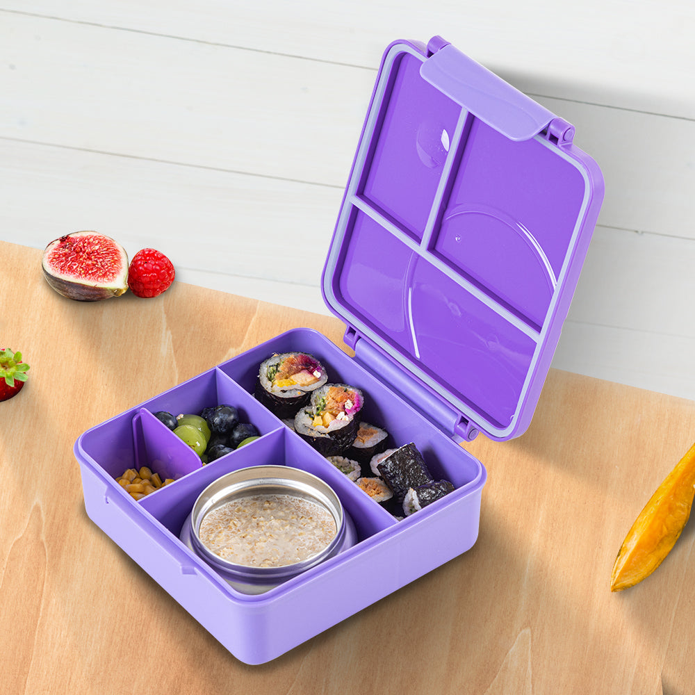 EAZY KIDS Jumbo Bento Lunch Box Set w/Steel Food Jar, Ice Pack & Insulated Lunch Bag – Purple