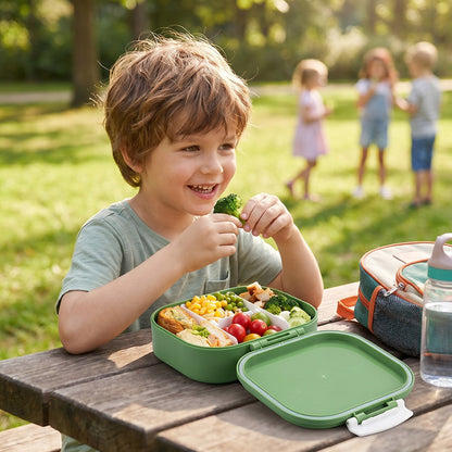 Eazy Kids Bento Lunch Box Set of 2, 1200ml + 760ml, Leakproof, BPA Free, Compartment Food Containers - Dino Green